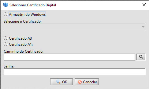 Tela para seleção de Certificado Digital.